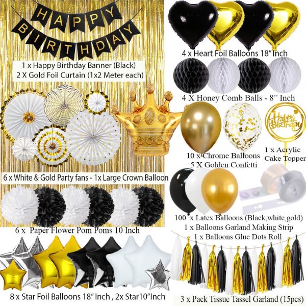 Birthday Decoration Set (Black, White and Gold).  Cheezstore