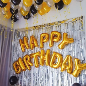 “Happy Birthday” Golden Foil, Foil Fringes, Silver,Golden And Black Latex Balloons And 2 Golden Ribbon Roll Package  Cheezstore