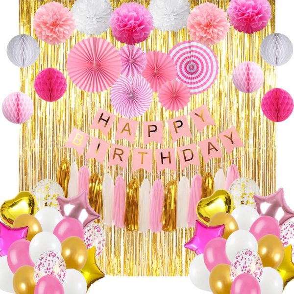 Birthday Decoration Set (Pink, White and Gold).  Cheezstore