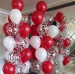 White And Red Confetti And Latex balloons And Ribbon Roll package.  Cheezstore