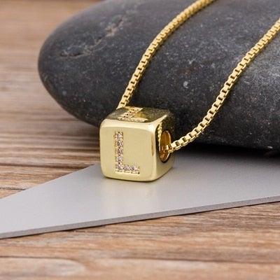 New Design DIY Alphabet Cube Pendant Necklace Long Chain Gold Letter Necklace For Women Men Initial Family Name Jewelry Gift  Cheezstore