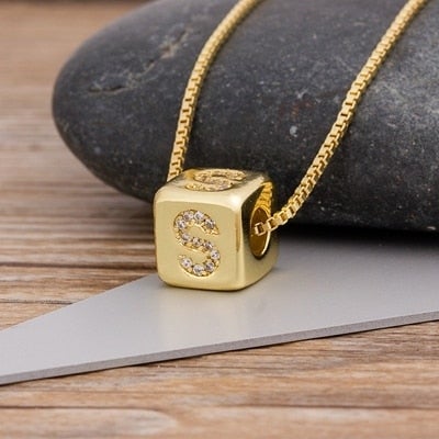 New Design DIY Alphabet Cube Pendant Necklace Long Chain Gold Letter Necklace For Women Men Initial Family Name Jewelry Gift  Cheezstore