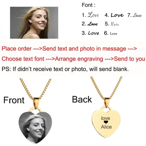 Customized Necklaces Engrave Photo Name Necklace Stainless Steel Heart Pendant Chain Necklace Jewelry For Women ID Tag  Cheezstore