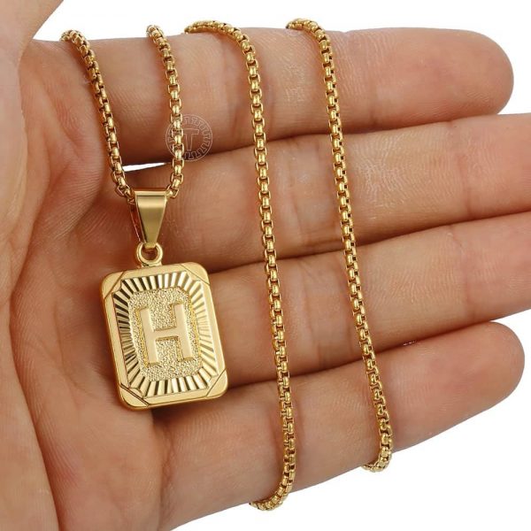 Initials Pendant Letter Name Necklace For Women Men Gold Silver Color Square Alphabet Charm Box Link Chain Couple Pendants  Cheezstore