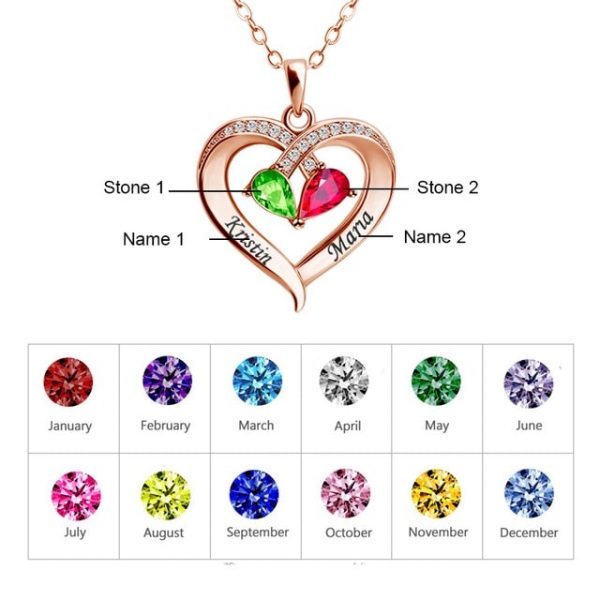 Personalized Gold/Rose Gold /Silver Color  Name Necklace with 2 Birthstones Custom Engraved Heart Pendant Necklace Mothers Gift  Cheezstore