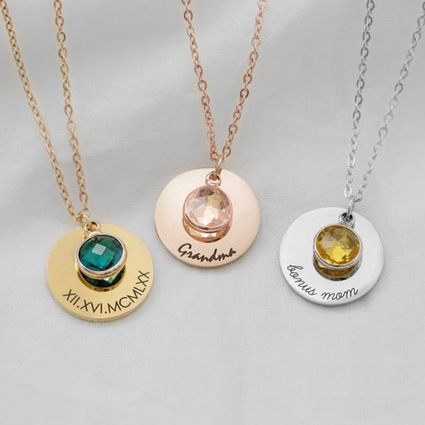 Customized Personalized Engraved Baby Name Pendant Necklace Birthstone Gemstone Mom Mother's Day Gift Ideas for Grandma Gift  Cheezstore